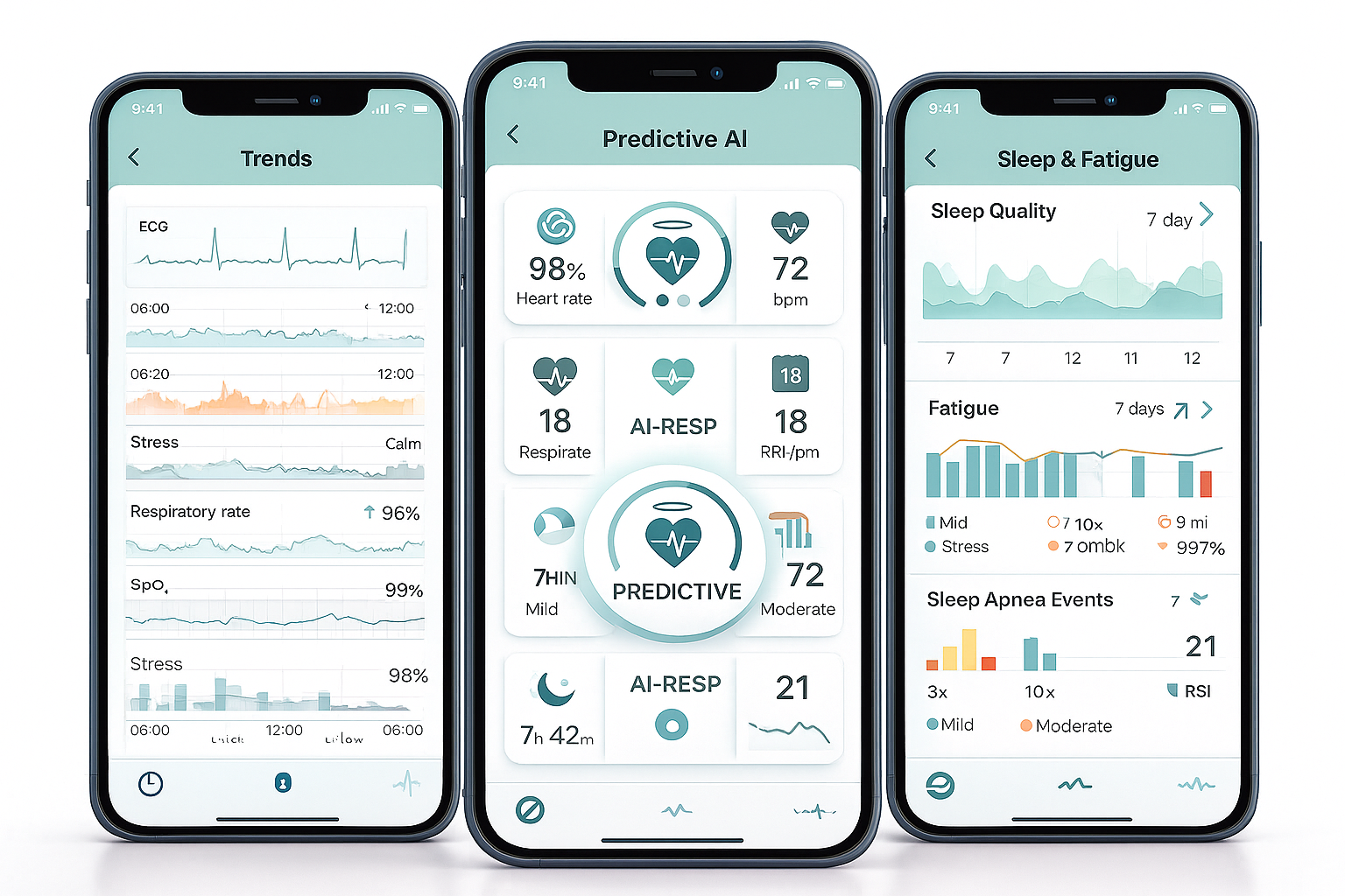 EloAI-M Mobile App - Sleep Analysis Dashboard, Heart Rhythm Trends, Respiratory Monitoring, and Predictive AI Health Insights